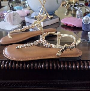 Gold Jeweled T-Strap Women's Sandals
